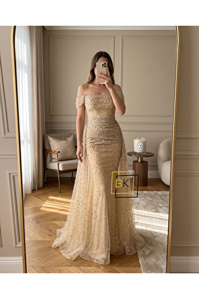 baytalkuayt 6054 Off-Shoulder Beaded Draped Side Train Evening Dress