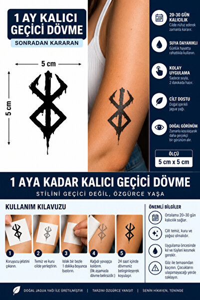 TattooLiva 1 Ay Kalıcı 24 Saat Sonra Kararan 5X5 cm minimal Berserk model Geç...