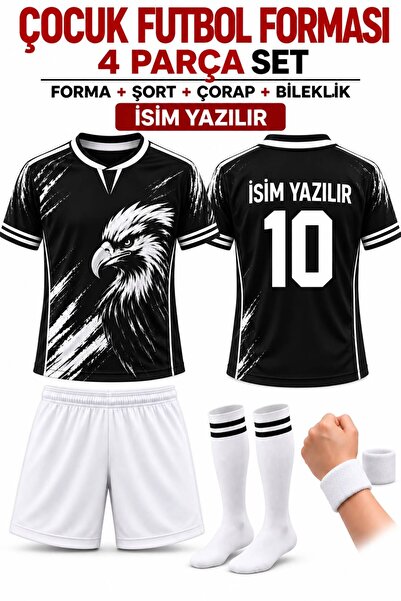 yenteks İsim Yazılır Çocuk Futbol Forması Siyah Beyaz Kartal Dijital Baskı 4 ...