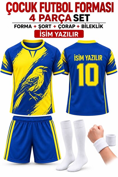 yenteks İsim Yazılır Çocuk Futbol Forması Sarı Lacivert Kanaraya Dijital Bask...