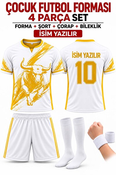 yenteks İsim Yazılır Çocuk Futbol Forması Beyaz Gold Dijital Baskı 4 parça