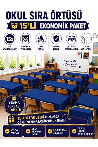 GÜLHOME 15'Li Okul Sıra Örtüsü Lastikli A kalite kumaş Leke Tutmaz