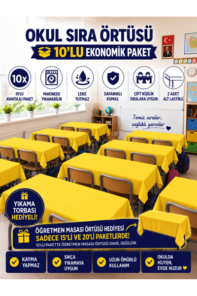 GÜLHOME 10'Lu Okul Sıra Örtüsü Lastikli A kalite kumaş Leke Tutmaz