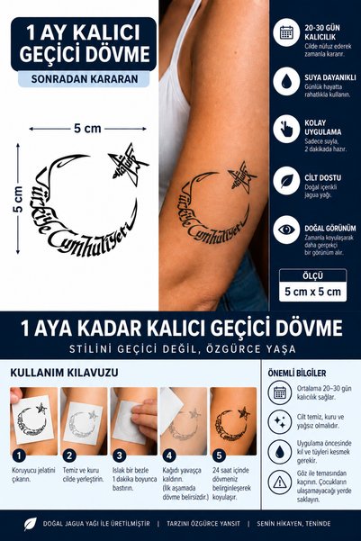 TattooLiva 1 Ay Kalıcı 24 Saat Sonra Kararan 5X5 cm minimal TC Ay Yıldız yazı...