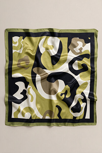 viki concept Haki Siyah Soyut Fırça Desen Fular Bandana 50x50 Cm