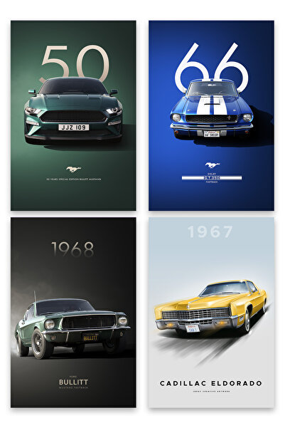 MMM Print Center 4'lü Otomobil Poster Seti – Mustang, Shelby GT350, Cadillac ...