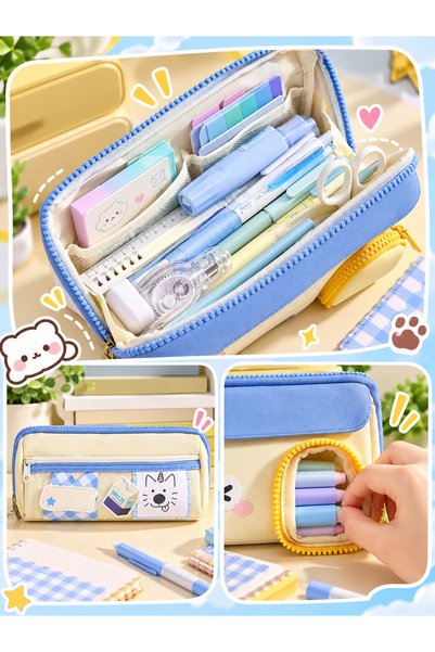 BABUN Oxford Fabric Multi-Compartment Large Capacity School Stationery Organizer with Cute Dog Cat Figures Illustrated Kids Student Water-Resistant Pencil Holder Pencil Case Bag