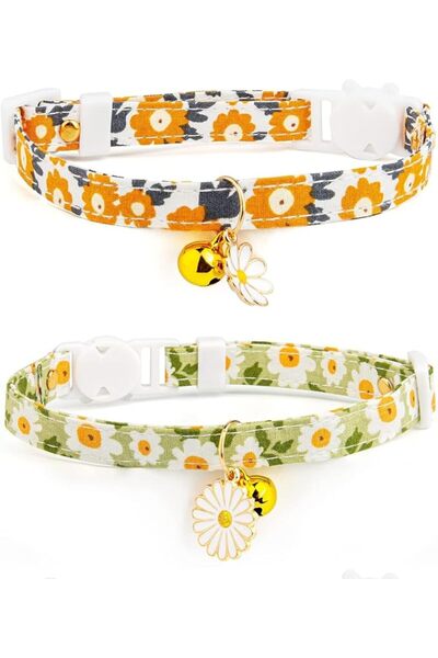 TERRIFI 2 Pack Cotton Breakaway Cat Collar White and Blue Flowers Pendant Cut...