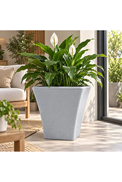 poliva home Dekoratif Kare 27 Litre Saksı Dokulu Büyük Boy Plastik Saksı İç ve Dış Mekan Saksı 37,5x37,5x36,5 cm