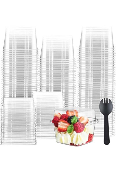 KASTWAVE 100 Sets Clear Dessert Cups with Lids & Sporks, Disposable Square Pa...