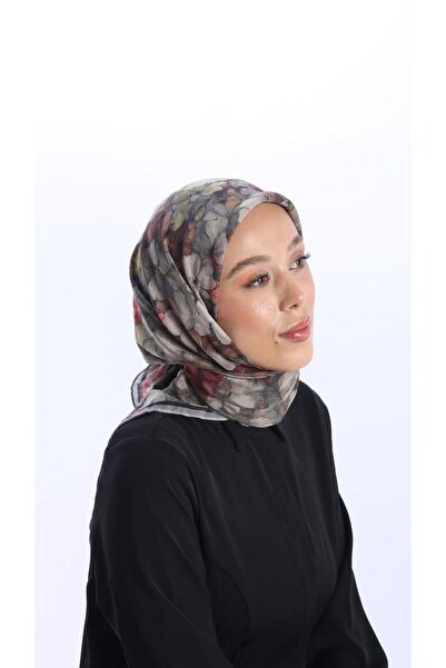 Fiora Gri Eşarp - Viskon Dört Mevsim Desenli Kadın Eşarp (93x93 cm)