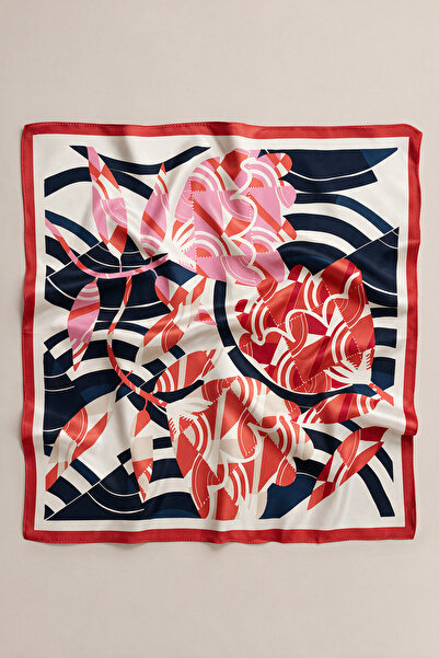viki concept Red Navy Blue Tropical Floral Pattern Scarf Bandana 50X50 cm