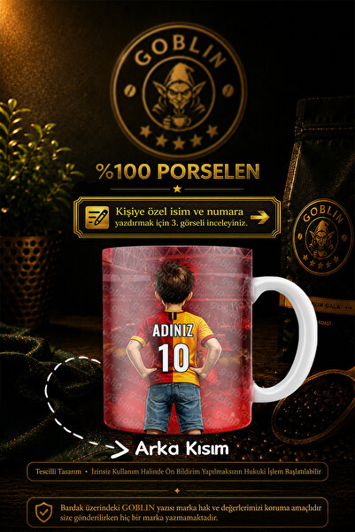 Goblin Porselen Kişiye Özel isimli Stadyum Dekorlu Sarı Kırmızı Erkek Çocuk K...