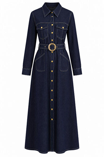 HAZELANNA Gold Detaylı Kemerli Maxi Denim Elbise
