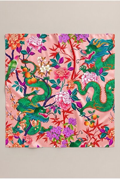 viki concept Φουλάρι Μπαντάνα με σχέδιο Pink Green Dragon Garden 50x50 εκ.