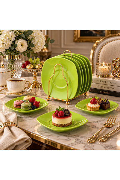 Dania Porcelain Square Plate Set of 6 with Gold Trim Luxury - 14.5cm - for De...