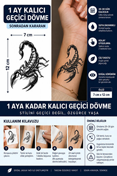 TattooLiva 1 Ay Kalıcı 24 Saat Sonra Kararan 7x12 cm Orta Boy Akrep model Geç...