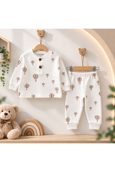 Bebek Alt Üst Takım Unisex Pamuklu Balon Desenli Uzun Kollu Waffle Kumaş