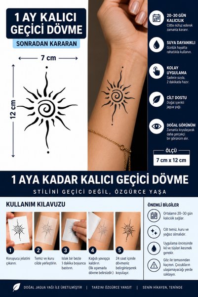 TattooLiva 1 Ay Kalıcı 24 Saat Sonra Kararan 7x12 cm Orta Boy Güneş model Geç...