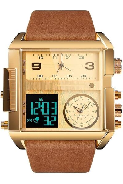 AZONEE Men's Digital Sports Watch, Brown Leather Strap, LED Square Large Face...