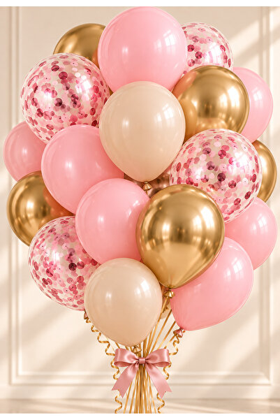 baloss fer Pembe Gold Balon Seti 20'li Nude Doğum Günü Balon Süsleme Seti Kro...
