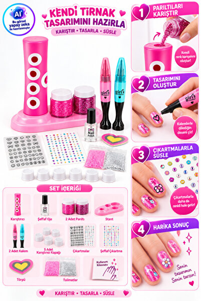 YILDIRIM OYUNCAK 2in1 Tırnak Tasarım ve Parıltı Seti – Karıştırıcılı 2 Kalemli Çıkartmalı Çocuk Nail Art Süsleme Seti