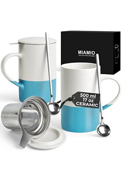 MIAMIO - Tea Cup Set 2 x 500 ml with Infuser and Lid/Ceramic Tea Mug with Inf...