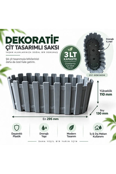 poliva home Dekoratif Çit Tasarımlı Saksı 3 LT 29,5x13x11 cm Drenajlı Plastik Balkon Saksısı İç ve Dış Mekan Saksısı