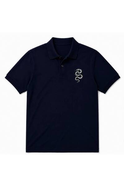 Yılan Nakışlı Premium Lacivert Polo Tişört