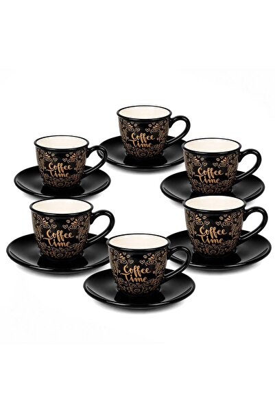 Alsaif World Coffee Time Ceramic Coffee Cup Set, 6 Pieces - اسود - صغير