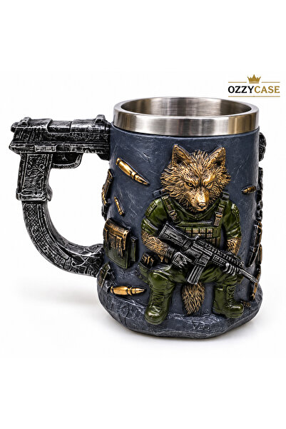 ENNAR XQ4 Kurt Figürlü 3D Kabartmalı Paslanmaz Çelik Metal Kupa Bardak - Özel...