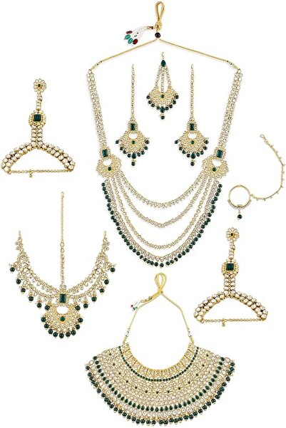 ZAVERI PEARLS Bridal Necklaces Earring Mathapatti Passa Ring Bracelets & Nose...