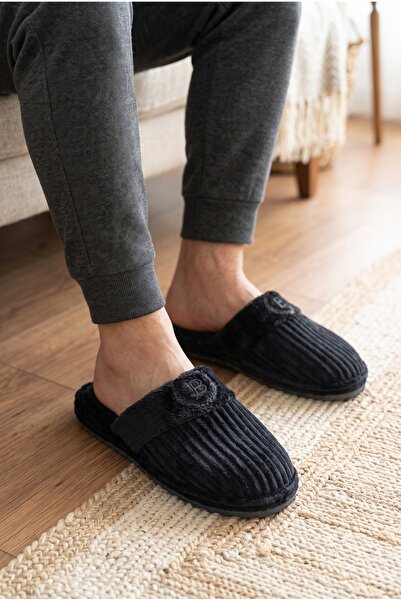 Moda Devrin Men's Black Velvet Plush Detailed Ribbed Comfortable House Slippers