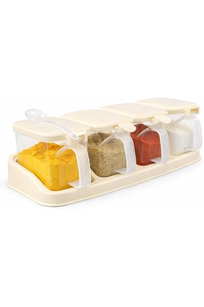 Generic 4 Compartment Spice Container Set with 4 Spoons, Airtight Kitchen Sto...