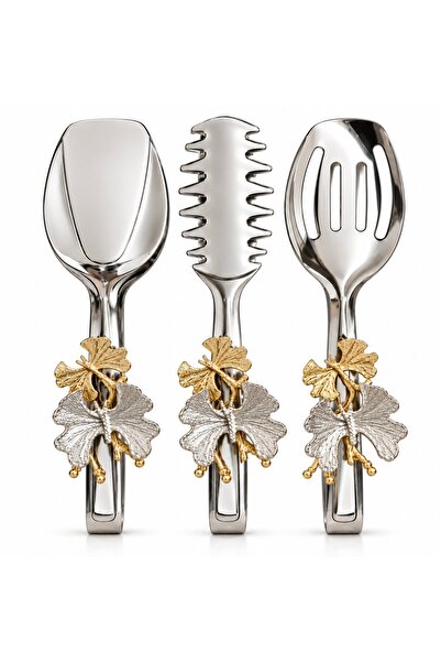 Aşkana Premium 3-Piece Serving Tongs Set, Gold Silver Detailed Pasta Salad Ca...
