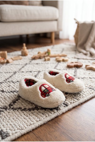 Moda Devrin Papuci de pluș unisex pentru copii, roșii, în carouri, cu broderie auto, pantofi de casă