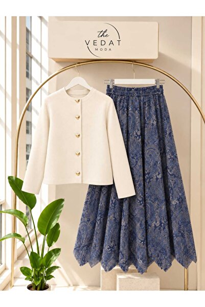 MODA VEDAT Women's Knitwear Cardigan Heart Button Detailed Skirt Set -0550