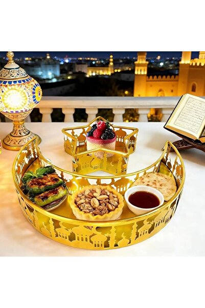 Yoawllty 2Pcs Ramadan Decoration Plates Iron Serving Ramadan Tray,Gold Moon S...