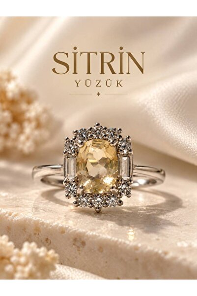 Yudi Atelier Doğal Sitrin Taşlı Ayarlanabilir Yüzük – Rodyum Kaplama Baget ve...