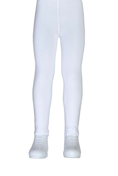 Dore Çorap Girl's Cotton Leggings with Ankle Lace - White