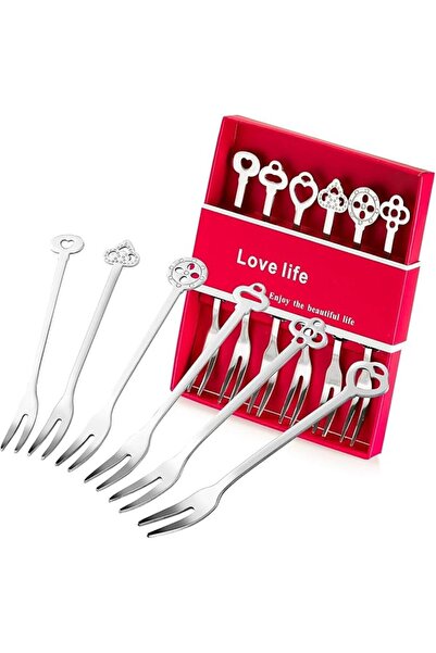 Tazweeq 6 Pieces Fruit Fork Set, Stainless Steel, for Dessert, Salad, Cake an...
