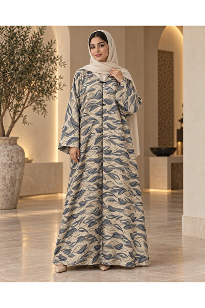 KAVALEE Luxury Leaf Print Half-Button Abaya with Matching Hijab/Shawl – Cream & Blue Grey
