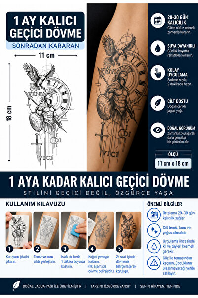 TattooLiva 1 Ay Kalıcı 24 Saat Sonra Kararan 11x18 cm Büyük Boy Spartalı mode...