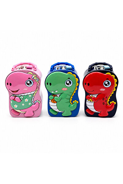 Go İthalat 12 Pieces Dinosaur Metal Savings Bank with Key, Colorful (5492)