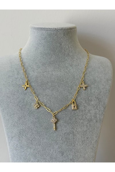 LİNASACCESSORİES Charm kolye | Kilit, anahtar, yıldız ve çiçek figürlü kolye