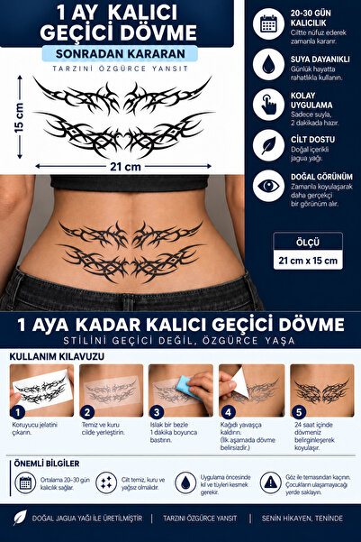 TattooLiva 1 Ay Kalıcı 24 Saat Sonra Kararan 15X21 cm Göğüs Sırt bel 2'li Tri...