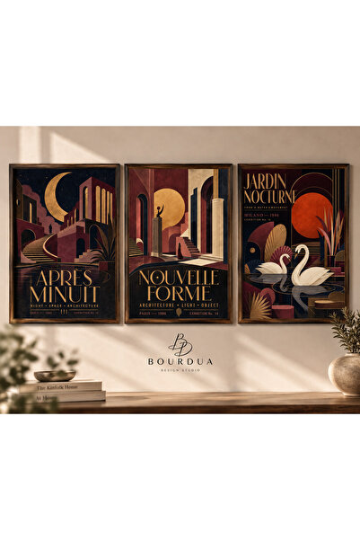 Bourdua Design Art Deco 3’lü Çerçeveli Duvar Tablosu Seti | Retro Geometrik P...