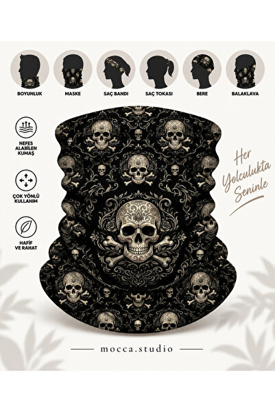 Mocca Studio Kuru Kafa Desenli Çok Amaçlı Buff Boyunluk Bandana Maske Bere Balaklava Saç Bandı motosiklet bandana