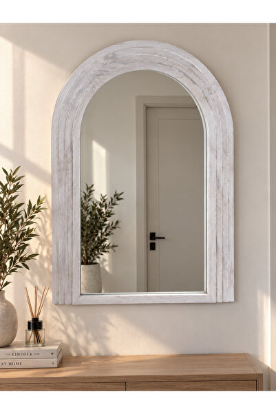 Binshihon Home مرآة قوسية فاخرة بإطار خشبي أبيض بتصميم كلاسيكي أنيق للديكور ا...