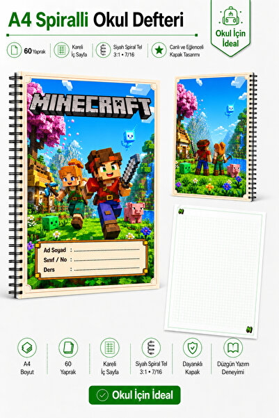 Morinna Minecraft Temalı A4 Spiralli Defter 60 Yaprak Kareli veya Çizgili Say...